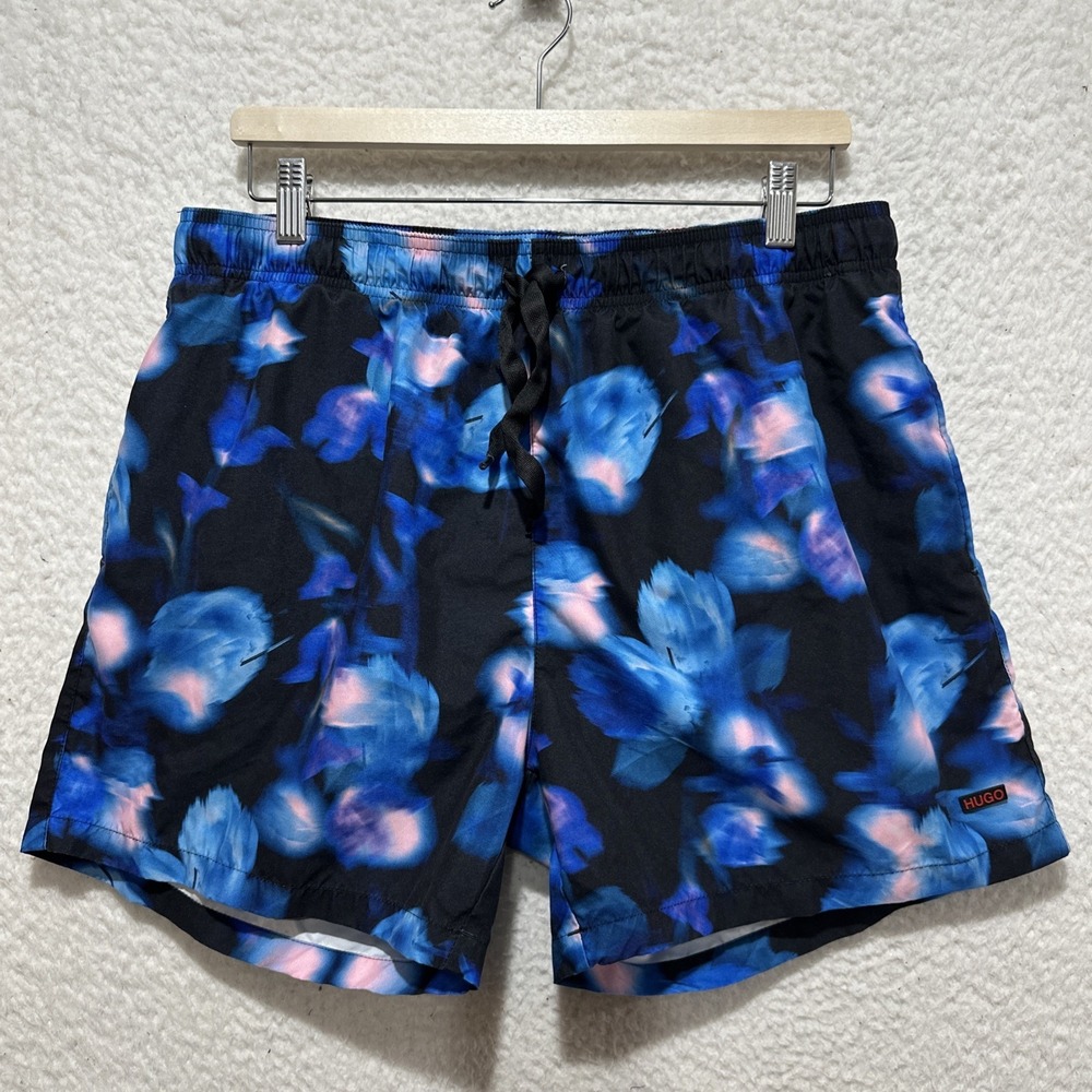 Hugo Boss‎ Men's Size XL Blue Floral Printed Drawstring Swim Mesh Shorts Logo
